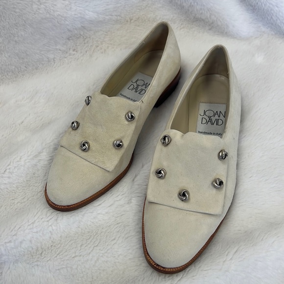 Escarpins Vintage Joan & David - Beige Lin Et Cuir - Talons Bas - Taille 39 (US 8.5) - Fait Main